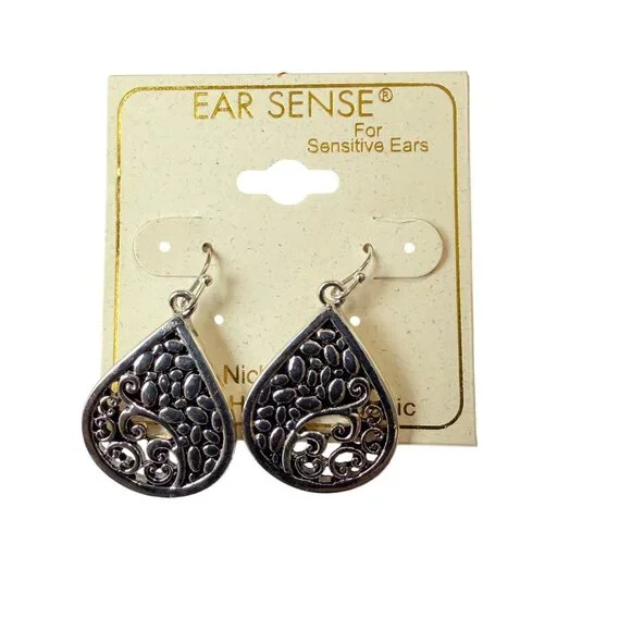 Y2K Silver Tone Teardrop Filigree Dangle Earrings Nickel Free Hypoallergenic - Picture 2 of 4